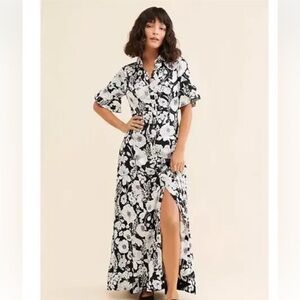 Anthropologie Maeve Black and White Floral Short Sleeve Maxi Shirt Dress Size M